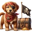 Create a photo-realistic image of a golden retriever puppy with a pirate bandana and an eye patch, standing boldly next to a treasure chest.