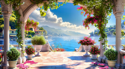 Wall Mural - Lake Como Scenery, Italian Villa by the Water, Beautiful Landscape and Architecture in European Summer