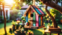 A Charming Birdhouse Constructed From Colorful Wooden Planks, Hanging From A Tree In A Sunny Garden.