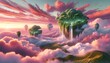 A surreal scene featuring floating islands amidst clouds in a pink-orange sky, evoking a sense of fantasy and adventure.