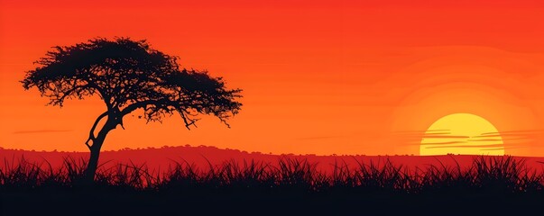 Canvas Print - Dramatic Acacia Silhouette Against an Alluring African Sunset Landscape with Vibrant Skies and Tranquil Savanna Scenery