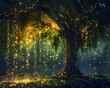 Magical Glowing Weeping Willow Tree Illuminated with Fairy Lights in Enchanted Nighttime Forest Landscape