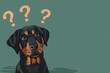Confused black and tan dog with question marks overhead