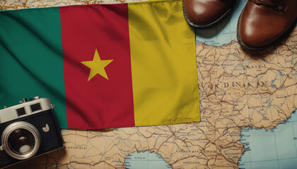 Cameroon flag on the map surrounded by camera, shoes. Travel and tourism concept