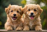 Fototapeta Sawanna - Cute Golden Retriever puppies sitting in the park in summer