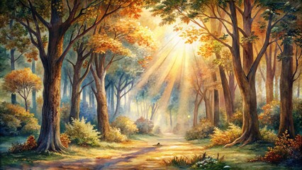  Beautiful autumn forest with fog and sun rays. Digital painting.