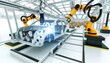 A detailed image showcasing a futuristic automotive assembly line where robotic arms are installing engines and doors onto car chassis.
