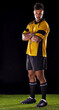 © Duncan M/peopleimages.com - Portrait, referee or man with arms crossed in sports game on turf ready for warning, foul call or football. Soccer match, discipline or male person in studio for rules or caution on black background
