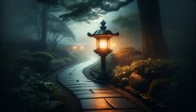 An image featuring a solitary lantern glowing softly beside a mist-covered path in a serene garden or park setting.