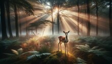An Image Showcasing A Young Deer Standing In A Misty Forest Clearing At Dawn.