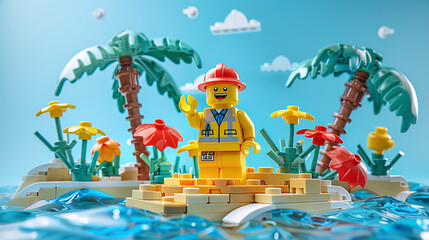 lego figure adventurer on an island with palms, concept of summer activity for kids, outdoor fun