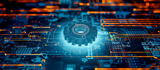 Modern Digital Technology Processor and Circuit Board, Blue Background, Concept of Futuristic Cyber Innovation