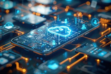 Poster - A cybersecurity elements surrounding a mobile device, including lock icons, secure cloud, encrypted messages, sleek design. Generative AI.