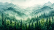 A beautiful foggy forest landscape in watercolors
