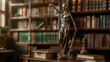 Themis, goddess of justice, in bronze with scales, amidst law books in a classic library
