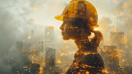 Beautiful woman architect standing with technical drawings looking up. Young specialist in safety helmet on background downtown