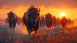 Buffalo herd arriving at dusk their shapes eye-catching in the f