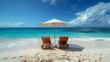 sun loungers and umbrellas on the beach, white sand, blue water, beautiful nature, places for travel and relaxation