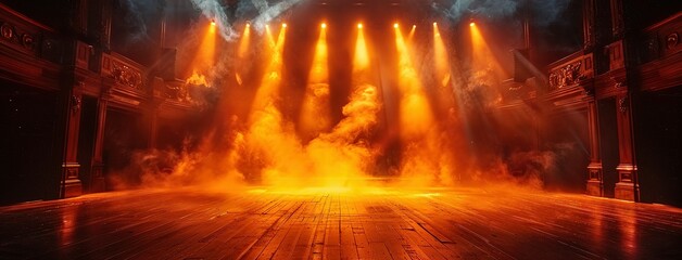 Theater stage light background with spotlight illuminated the stage for opera performance. Empty stage with warm ambiance colors, fog, smoke, backdrop decoration. Entertainment show