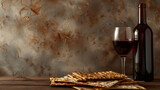 Fototapeta Na sufit - Jewish Metzah bread with wine, rustic background, copy space, Passover holiday concept