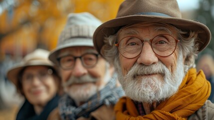 happy senior men and women standing outside in a park