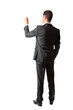 © Who is Danny - A businessman in a suit is standing with his back turned, appearing to write or draw in the air, isolated on a white background, embodying a concept of teaching or presenting