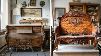 Before and after photos showcasing a piece of furniture being restored.