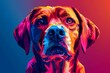 Digital artwork of a dog's portrait featuring a striking low-poly design against a gradient red and blue background.