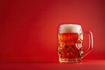 Wall Mural - beer glass with foam on red background