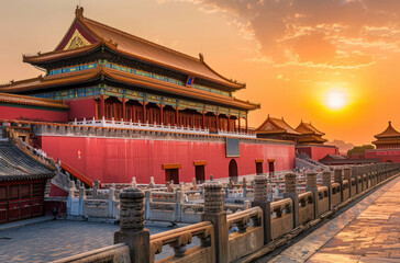 Wall Mural - The majestic Forbidden City stands tall against the backdrop of an orange sunset sky, with its red walls and golden tiles gleaming under warm sunlight
