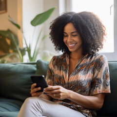 Wall Mural - happy young African American woman holding smart phone device sitting on sofa at home, black female looking at mobile smartphone screen