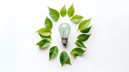 Wall Mural - Green energy concept with a light bulb and leaves on a white background, top view	