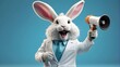 A stylized white Easter Bunny, anthropomorphic in nature, holding a megaphone and roaring with exaggerated expression, set against a turquoise blue background.