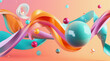 Vibrant 3D rendering of dynamic abstract shapes with fluid lines and reflective bubbles in a harmony of orange and pink hues