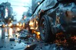 © Jelena - An atmospheric image of a badly damaged car in an urban setting with emergency lights reflecting
