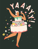 Fototapeta Młodzieżowe - Beautiful girl dressed in a cake dress celebrates her birthday dancing with a glass YAY. Cute card and poster for the spring holiday