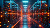 Fototapeta Most - Server Room with Modern Networking and Computing, Technology Infrastructure in Blue Light