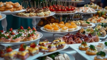 Catering table with various creative and delicious food: canape, snacks and appetizers. Catering plate. Assortment of sandwiches and tartlets on the buffet table. Meat, fish, vegetable canapes.