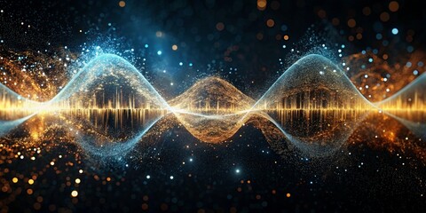 Wall Mural - 3D rendering of abstract digital sound waves. Sound waveform with particles. AI generated