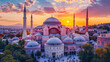 Sunset View of Istanbuls Iconic Mosques and Minarets, Embracing Turkish Architecture and Islamic Heritage