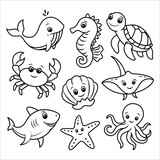 Fototapeta Dinusie - Set with cute sea animals whale, turtle, shark, starfish, crab, seahorse and octopus. Vector illustration for printing. Cute children's background. Coloring book