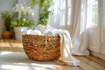 Wicker laundry basket filled with white linens sits on a wooden floor, bathed in warm sunlight streaming through a window, suggesting cleanliness, freshness, and the comforting routine of home life