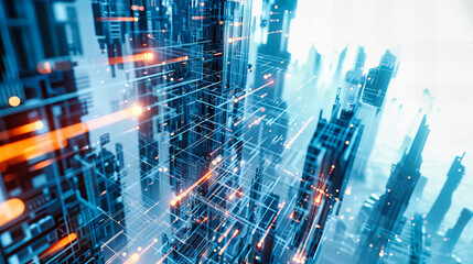 Technology network concept within a modern city, illustrating connected business and digital communication in a futuristic urban environment