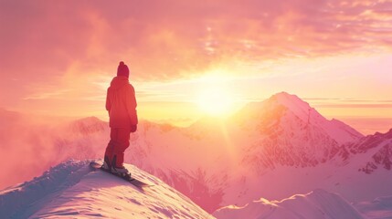 Snowboarder on a snowy mountain at sunrise