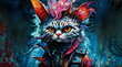 Scruffy cyberpunk city cat with sinister eyes and dirty color dyed fur, fierce and repelling bad temper stare - vibrant digital painting like feline portrait. 