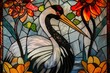 graceful crane depicted in intricate stained glass, Vibrant Stained Glass Style, elegant, detailed