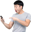 Amazed Asian man in casual wear pointing at cellphone PNG file no background 