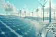Renewable Energy Background with Wind Turbines and Solar Panels, Green Technology Concept, 3D Illustration