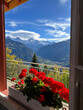 Alpine Landscape through Window with Red Flowers