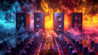 © SongMin - Music sounds speaker system on colorful bokeh background, The sound wave on the audio equipment control, entertainment concept for sounds and music editing,